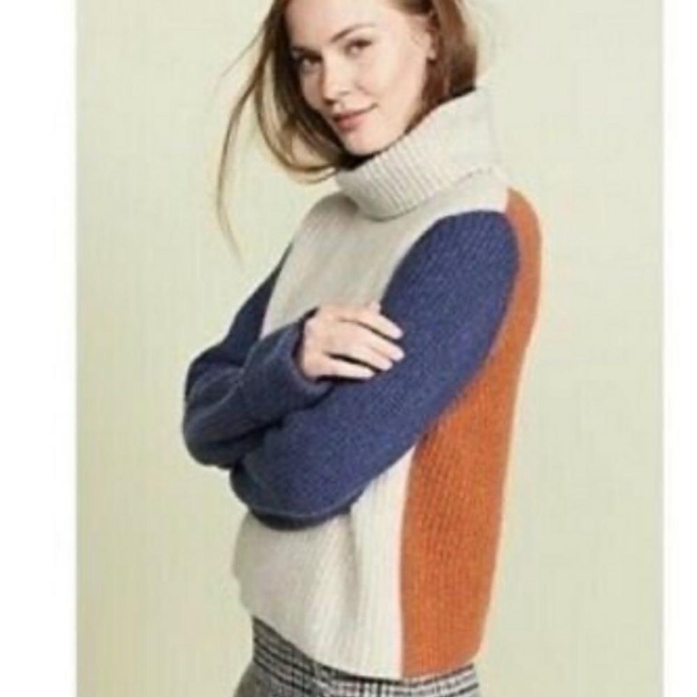 Autumn Cashmere Colorblock Turtleneck Sweater in Cream, Blue & Orange